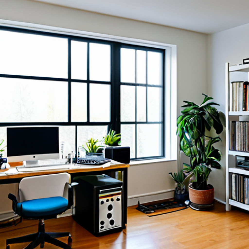 Inspiring Workspace**
"A bright and spacious music studio with large windows and lots of plants, fully clothed composer working at a desk with a computer and musical instruments, appropriate attire, safe for work, perfect anatomy, natural proportions, professional photography, clean and organized space, featuring shelves with musical scores and equipment, a comfortable chair, and a motivational poster on the wall, family-friendly, modest environment."
**
