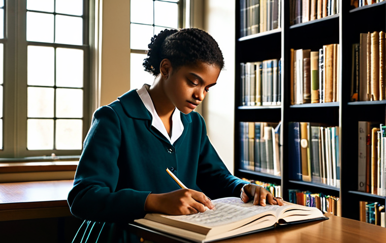 **A focused student in a library, surrounded by sheet music and textbooks on harmony and counterpoint. The scene is warm and inviting, with natural light filtering through the windows. The student is fully clothed, wearing modest attire. Safe for work, appropriate content, perfect anatomy, natural proportions, professional learning environment.**