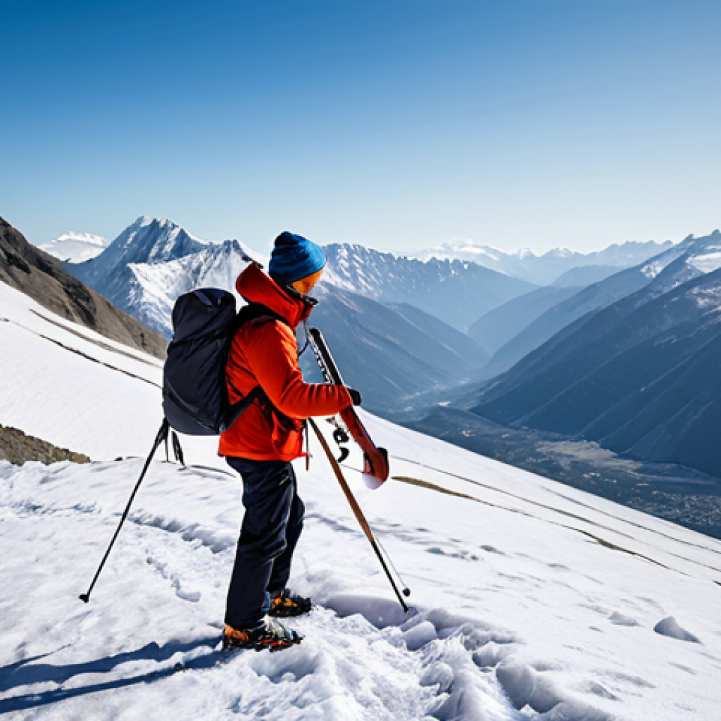 작곡가의 지속적인 업무 개선 - "A determined musician climbing a snow-capped mountain, carrying a violin case, scenic view, emphasi...