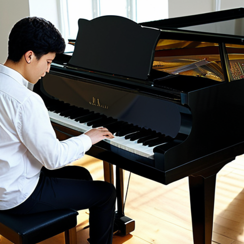 작곡가의 직무 스트레스 관리 - ** A professional composer in a fully clothed, modest outfit, working at a grand piano in a sunlit s...