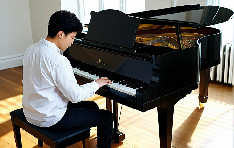 작곡가의 직무 스트레스 관리 - ** A professional composer in a fully clothed, modest outfit, working at a grand piano in a sunlit s...