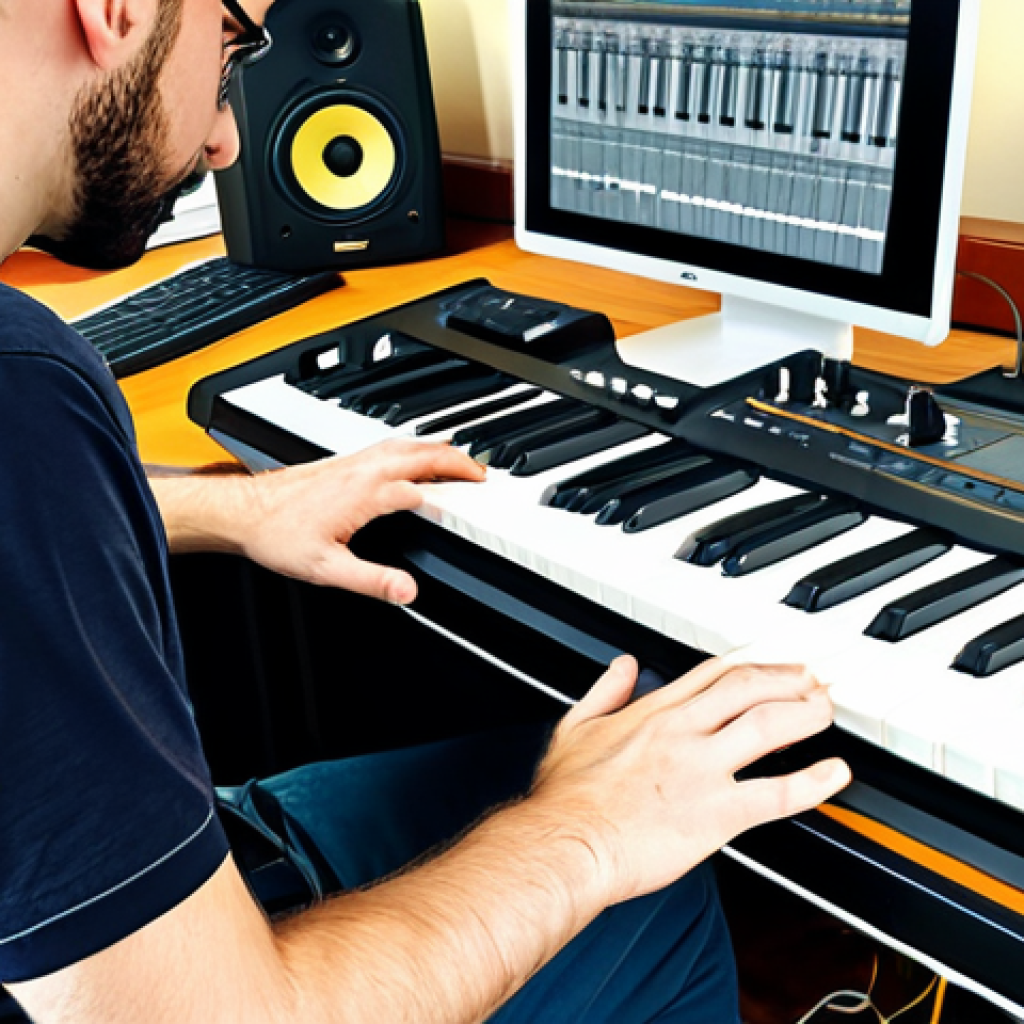 작곡가 업계 동향 - Modern Composer's Workspace**
"A composer in a modern, sunlit studio, fully clothed in casual but p...