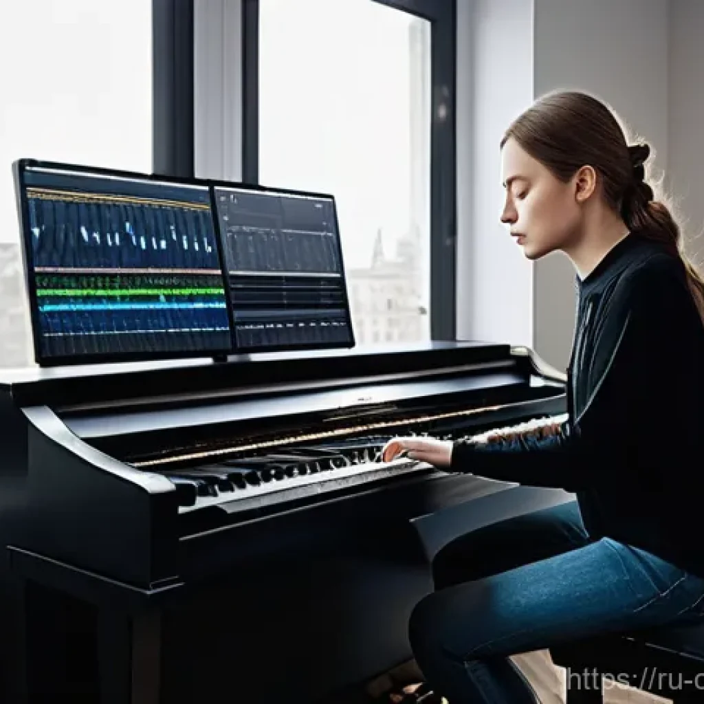 작곡가의 전문성 강화 전략 - **Prompt:** A detailed and atmospheric image of a young Russian female composer, approximately 25-30...