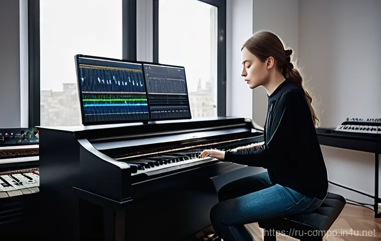 작곡가의 전문성 강화 전략 - **Prompt:** A detailed and atmospheric image of a young Russian female composer, approximately 25-30...