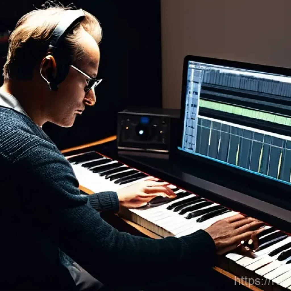 작곡가의 이론과 실무 통합적 접근 - **Image Prompt 1: The Composer's Integrated Studio**
    "A wide shot of a modern music composer (we...