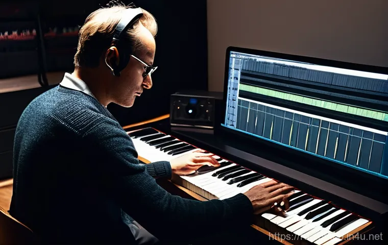 작곡가의 이론과 실무 통합적 접근 - **Image Prompt 1: The Composer's Integrated Studio**
    "A wide shot of a modern music composer (we...