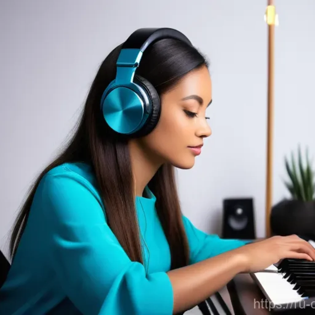작곡가 커리어 변화 관리 - **A modern female music composer immersed in her creative flow within a high-tech yet cozy home stud...