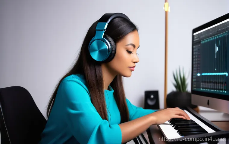 작곡가 커리어 변화 관리 - **A modern female music composer immersed in her creative flow within a high-tech yet cozy home stud...