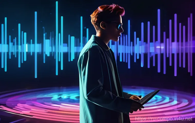 작곡가 커리어 변화 관리 - **A modern female music composer immersed in her creative flow within a high-tech yet cozy home stud...