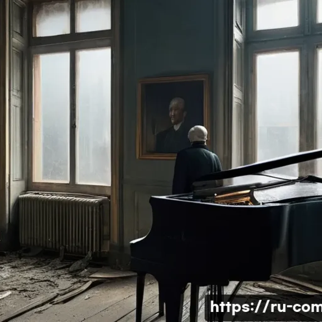 작곡가의 문화적 배경과 창작 - **"A dramatic, cinematic scene depicting a lone Russian composer, reminiscent of Dmitry Shostakovich...