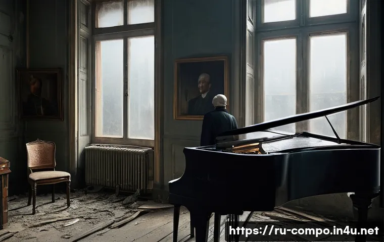작곡가의 문화적 배경과 창작 - **"A dramatic, cinematic scene depicting a lone Russian composer, reminiscent of Dmitry Shostakovich...
