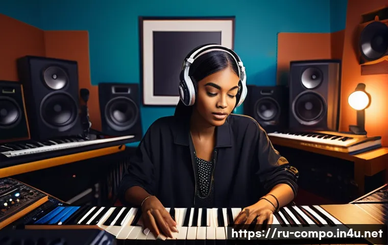 작곡가 실무 및 이론의 차이 - **Prompt:** A highly detailed, realistic image of a female modern composer in her vibrant, well-equi...