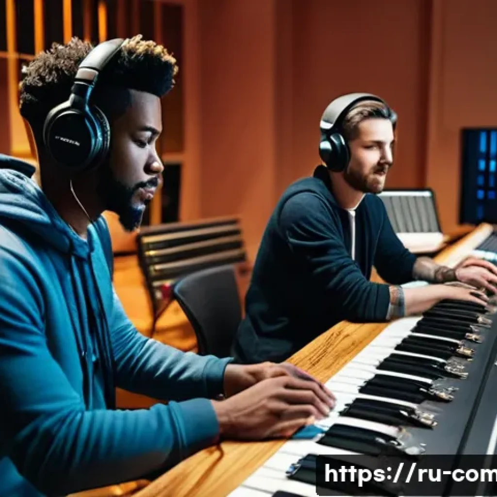 작곡가로서의 팀워크 경험 - **Prompt:** A vibrant, dynamic shot inside a modern recording studio. Multiple diverse individuals, ...
