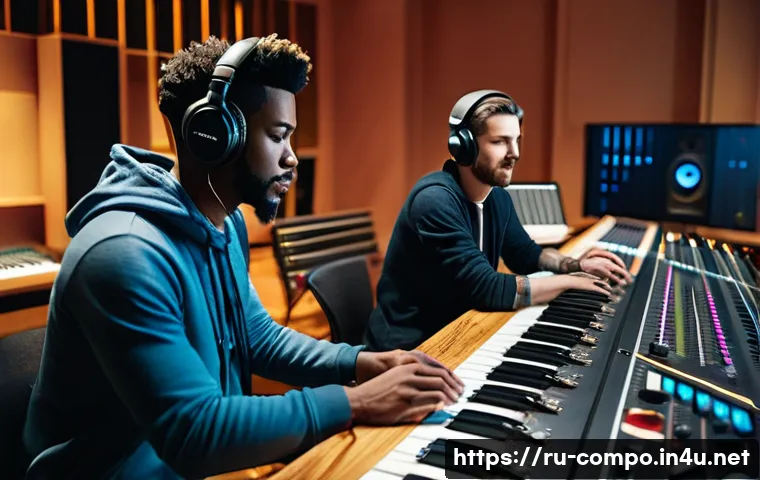 작곡가로서의 팀워크 경험 - **Prompt:** A vibrant, dynamic shot inside a modern recording studio. Multiple diverse individuals, ...