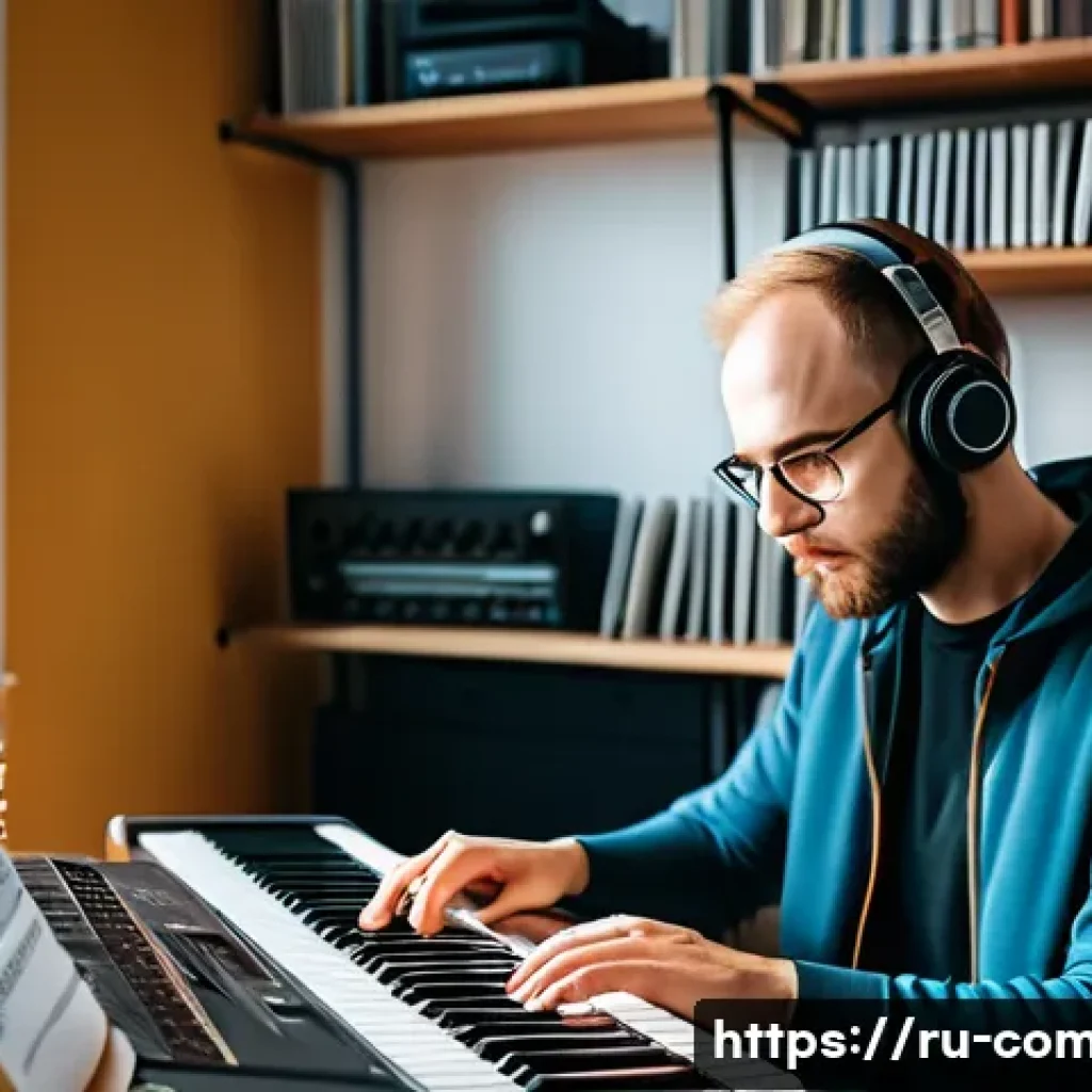 작곡가의 커리어 지속 가능성 - A professional Russian composer in a modern home studio, surrounded by musical instruments and digit...