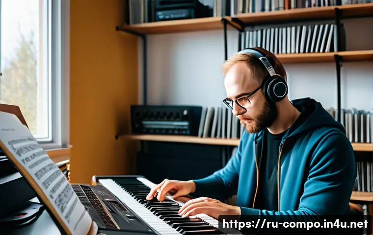작곡가의 커리어 지속 가능성 - A professional Russian composer in a modern home studio, surrounded by musical instruments and digit...