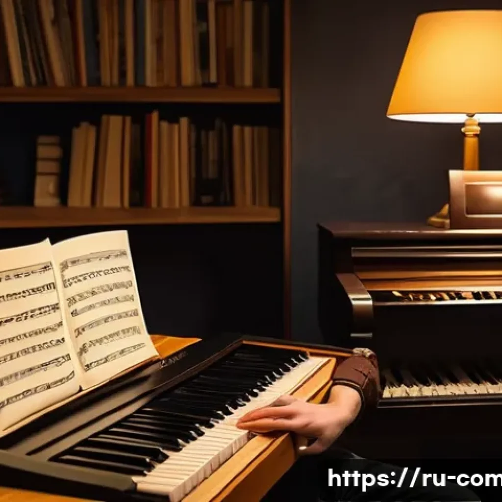 작곡가의 창작 과정 - A cozy home music studio scene featuring a young Russian composer surrounded by traditional instrume...