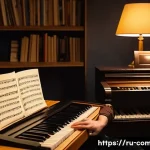 Home 22 작곡가의 창작 과정 - A cozy home music studio scene featuring a young Russian composer surrounded by traditional instrume...
