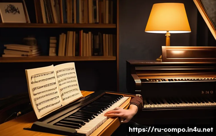 작곡가의 창작 과정 - A cozy home music studio scene featuring a young Russian composer surrounded by traditional instrume...