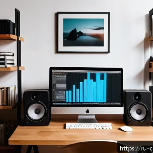 Home 32 작곡가의 창작 습관 만들기 - A cozy and well-organized music workspace in a modern apartment, featuring a clean desk with a lapto...