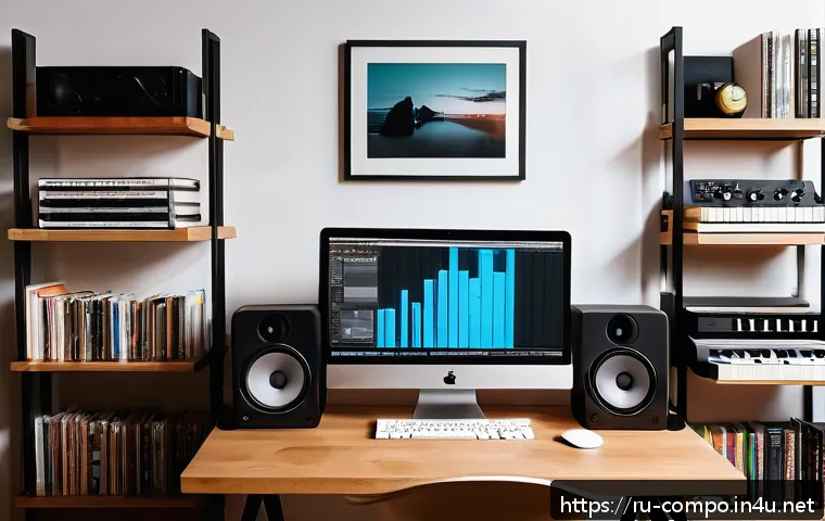 작곡가의 창작 습관 만들기 - A cozy and well-organized music workspace in a modern apartment, featuring a clean desk with a lapto...