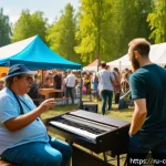 Home 19 작곡가의 프로페셔널 네트워킹 - A vibrant scene at a local music festival in a Russian city, showing diverse musicians and composers...
