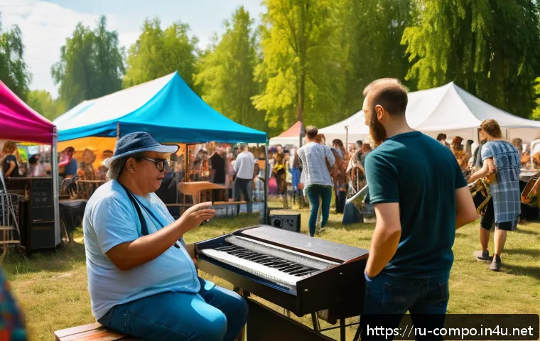 작곡가의 프로페셔널 네트워킹 - A vibrant scene at a local music festival in a Russian city, showing diverse musicians and composers...