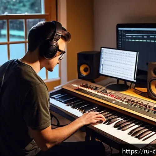 Home 30 작곡가의 커리어 로드맵 - A focused young adult musician in a cozy, modern home studio, surrounded by musical instruments like...