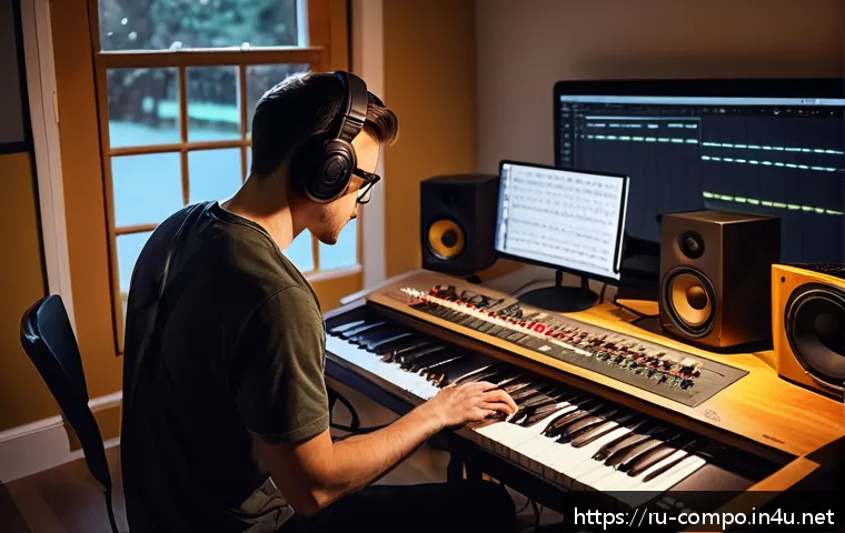 작곡가의 커리어 로드맵 - A focused young adult musician in a cozy, modern home studio, surrounded by musical instruments like...