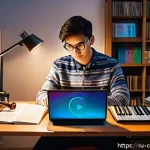 Home 23 작곡가의 실기 준비 전략 - A cozy study scene featuring a young adult musician sitting at a wooden desk filled with open music ...