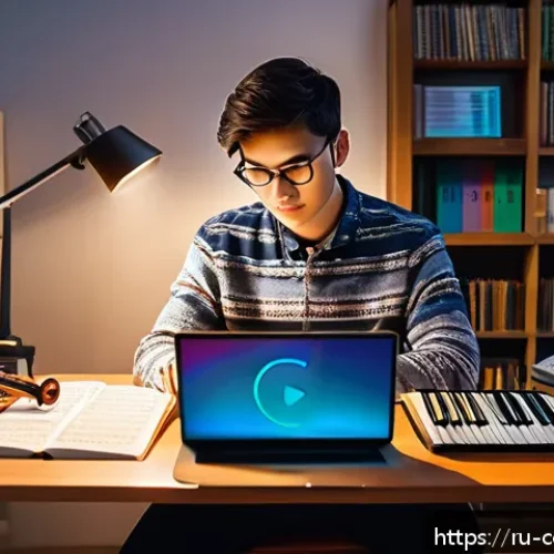 Home 17 작곡가의 실기 준비 전략 - A cozy study scene featuring a young adult musician sitting at a wooden desk filled with open music ...