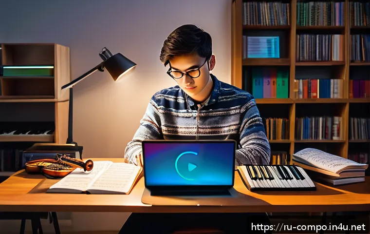 작곡가의 실기 준비 전략 - A cozy study scene featuring a young adult musician sitting at a wooden desk filled with open music ...