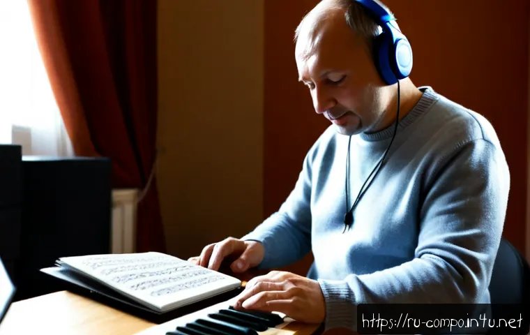 작곡가 업계의 변화에 대응하기 - Photorealistic modern Russian composer in a cozy Moscow apartment studio, middle-aged musician weari...